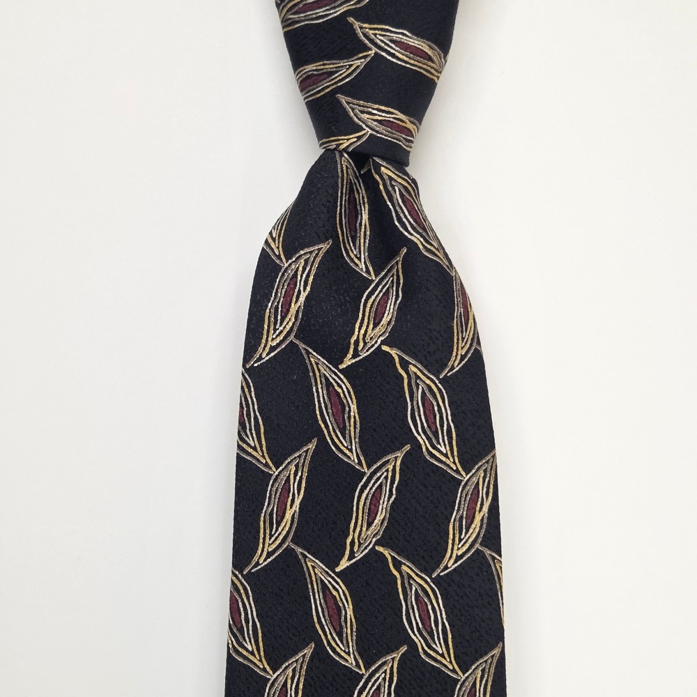 Bugatti Black Gold Leaf Print Tie 100% Italian Silk Made USA